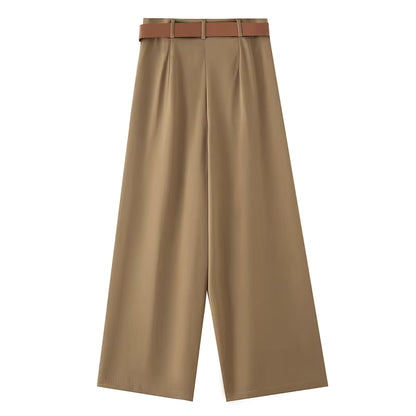 Pantalones HXAO para mujer, de cintura alta, anchos y con cinturón