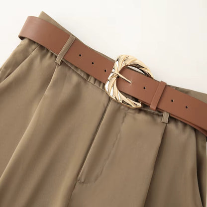 Pantalones HXAO para mujer, de cintura alta, anchos y con cinturón