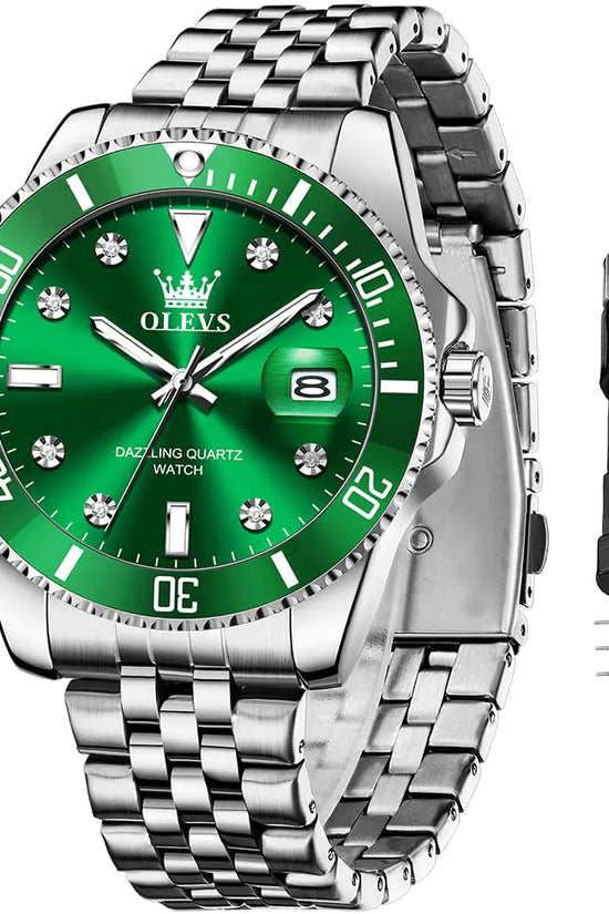 OLEVS Reloj Verde para Hombre, Lujo Plateado, Acero Inoxidable