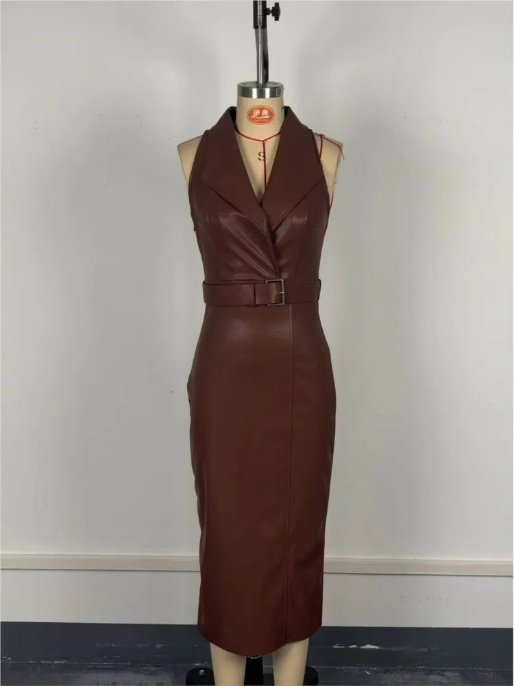 Vestidos de Cuero PU para mujer, con temperamento, color liso, con cinturón