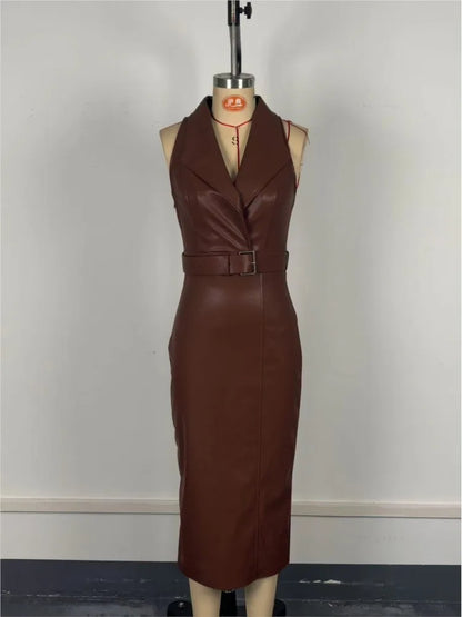 Vestidos de Cuero PU para mujer, con temperamento, color liso, con cinturón