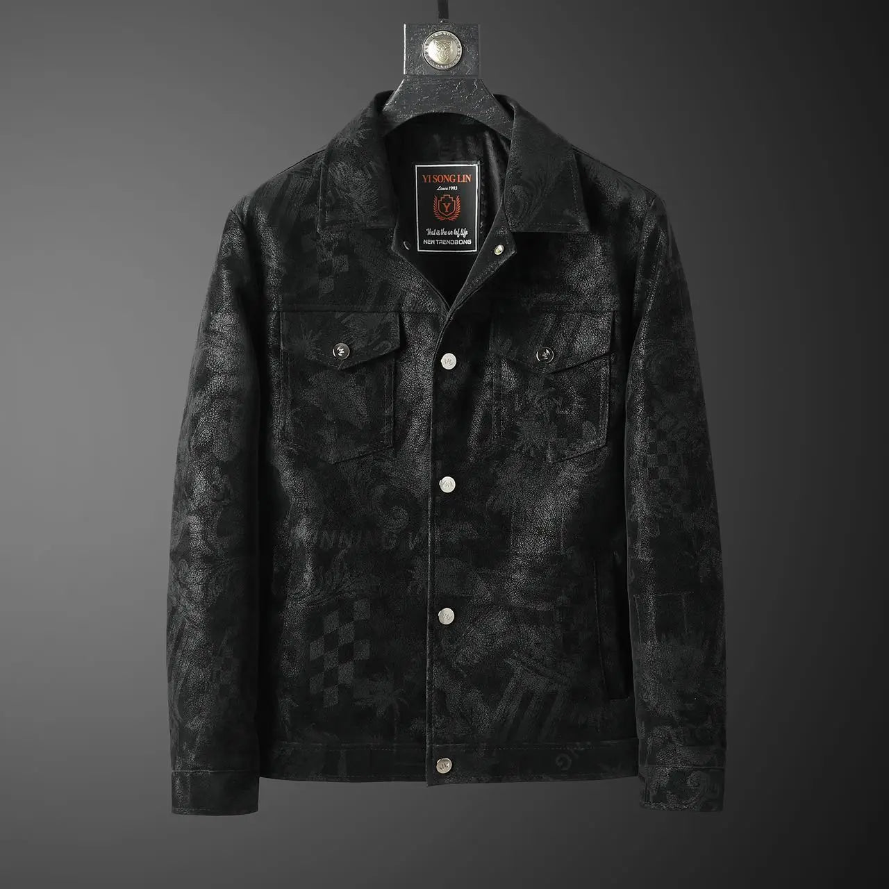 Chaqueta de cuero sintético con solapa para hombre, corta, informal, con estampado