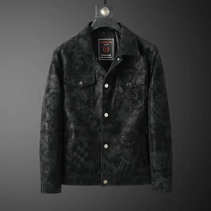 Chaqueta de cuero sintético con solapa para hombre, corta, informal, con estampado