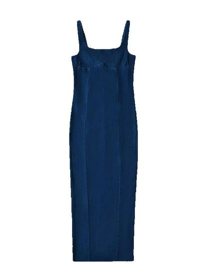 Vestidos vaqueros largos azules con tirantes y escote en U
