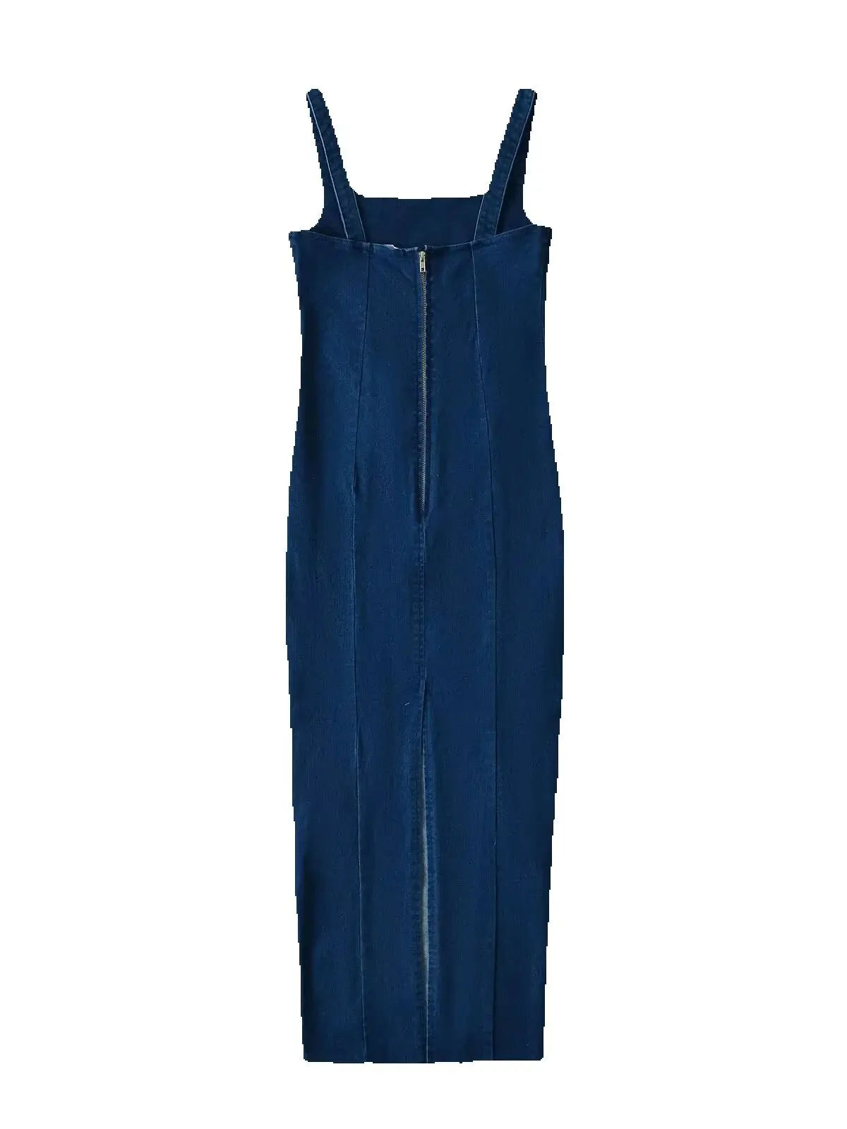 Vestidos vaqueros largos azules con tirantes y escote en U