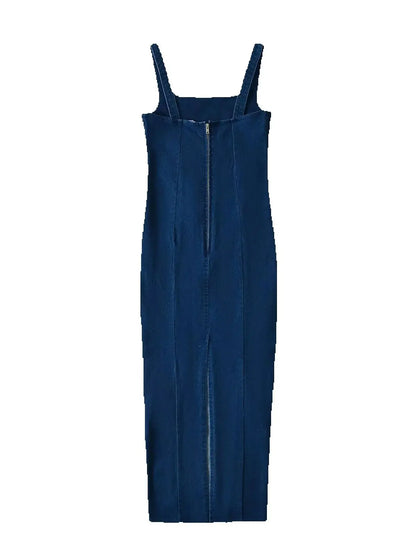 Vestidos vaqueros largos azules con tirantes y escote en U