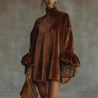 Vestido corto de punto con cuello alto, elegante, con encaje, sexy
