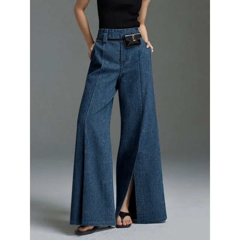 Pantalón vaquero retro para mujer, recto, con abertura, cintura alta