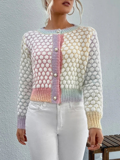 Suéter tipo cárdigan elegante y de moda, chaqueta de cuello redondo