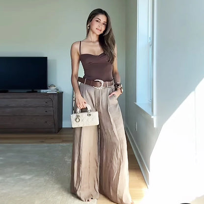 Pantalones HXAO para mujer, de cintura alta, anchos y con cinturón