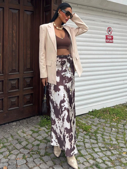 Falda Midi Animal Print Satin Fashion Ruffles