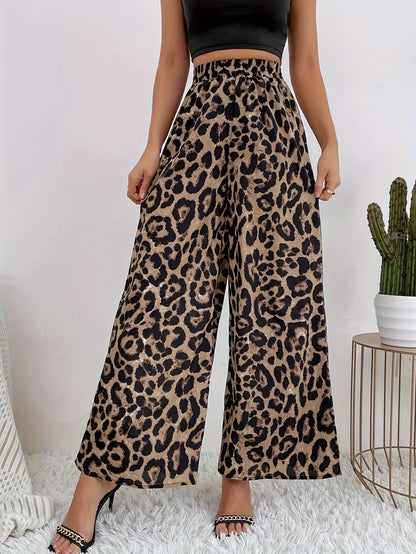 Pantalones anchos con cintura elástica y estampado de leopardo