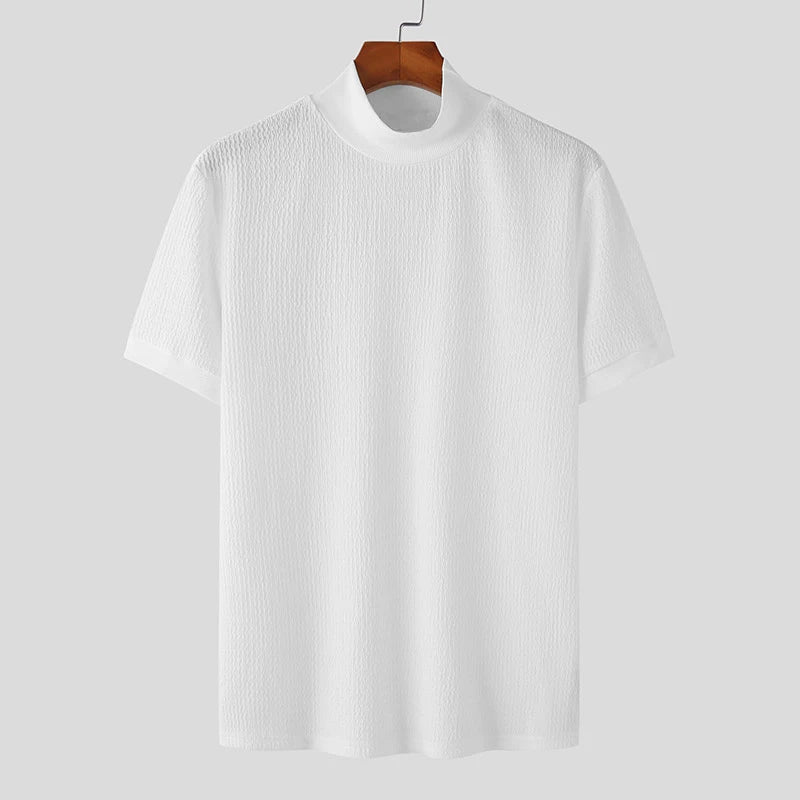 Camiseta ajustada de moda, con textura de punto, cuello alto,