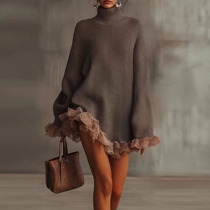 Vestido corto de punto con cuello alto, elegante, con encaje, sexy