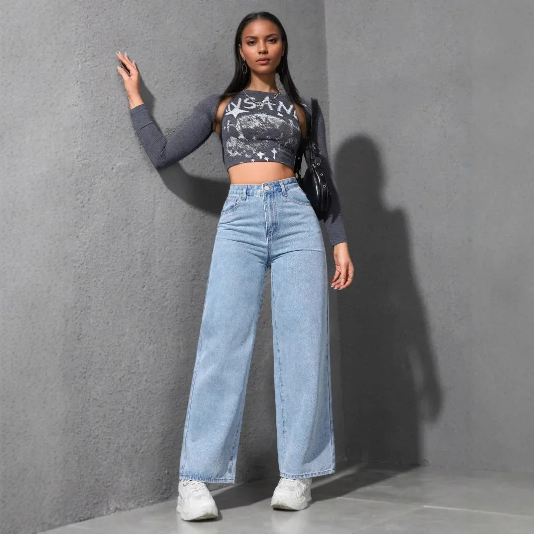 Pantalones vaqueros para muje de mezclilla de pierna ancha, de cintura alta