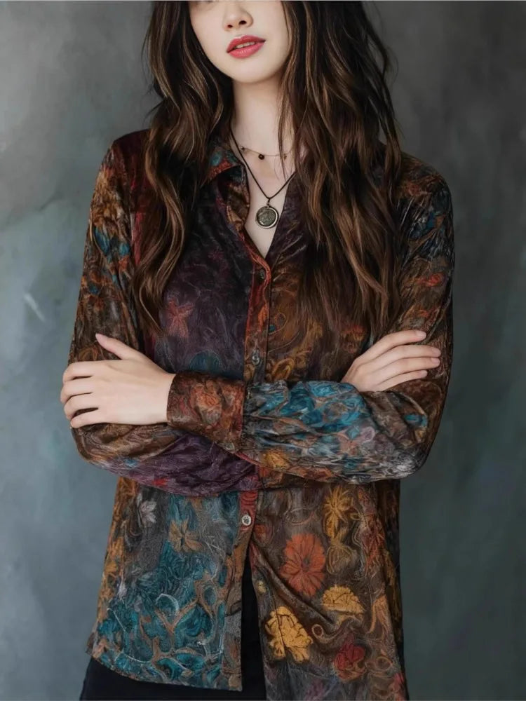 Camisa informal de manga larga con botones y estampado floral retro para mujer