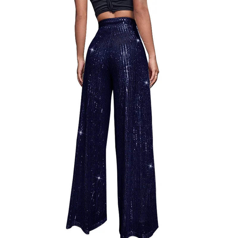 Pantalones acampanados de cintura alta con lentejuelas brillantes para mujer