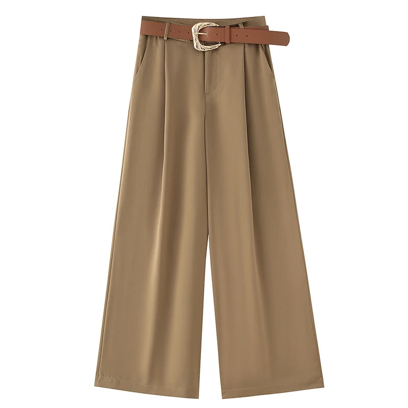 Pantalones HXAO para mujer, de cintura alta, anchos y con cinturón
