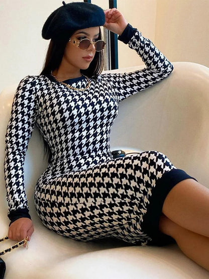 Vestido Midi de manga larga con estampado de pata de gallo para mujer
