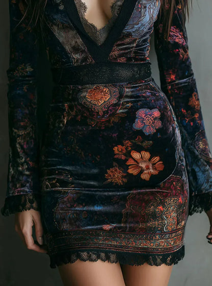 Vestido mini ajustado de terciopelo con estampado floral de encaje y retazos