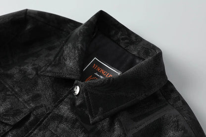 Chaqueta de cuero sintético con solapa para hombre, corta, informal, con estampado
