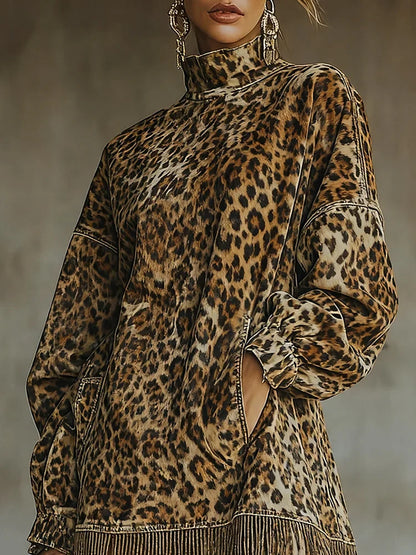 Vestido mini con estampado de leopardo para mujer, manga farol, cuello alto, holgado