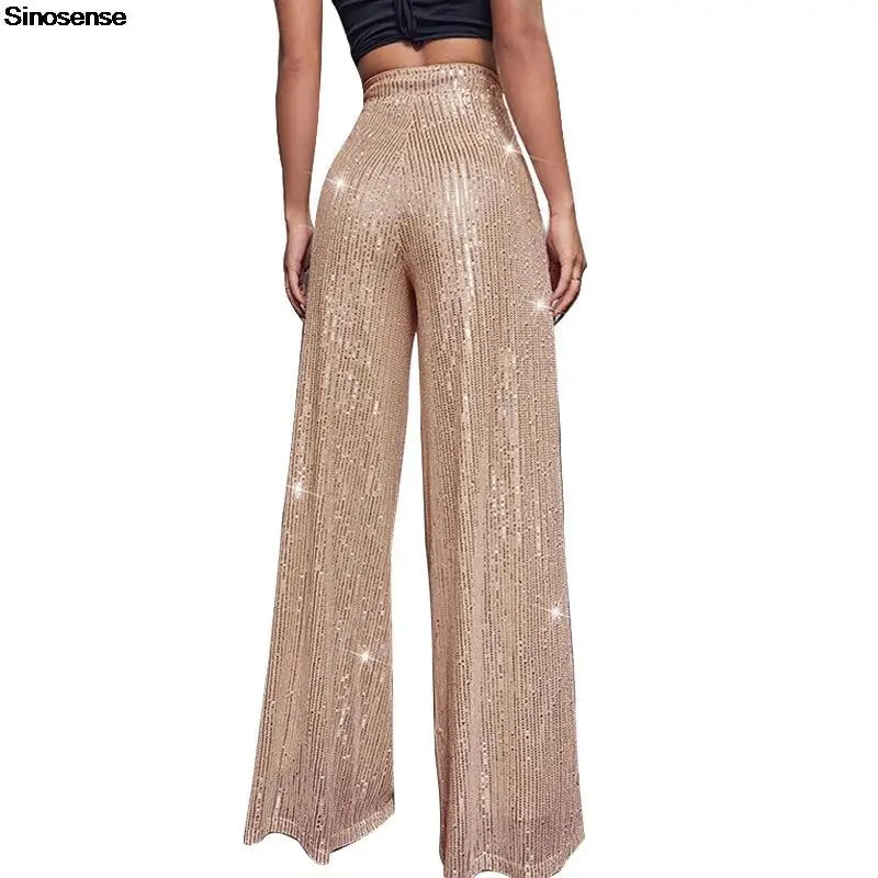 Pantalones acampanados de cintura alta con lentejuelas brillantes para mujer