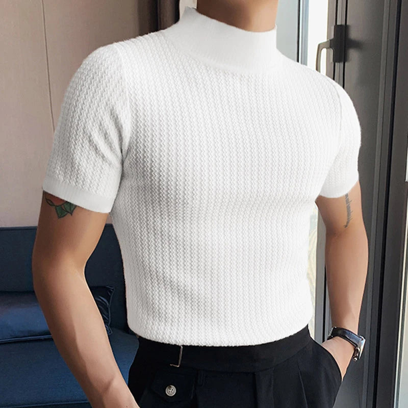 Camiseta ajustada de moda, con textura de punto, cuello alto,