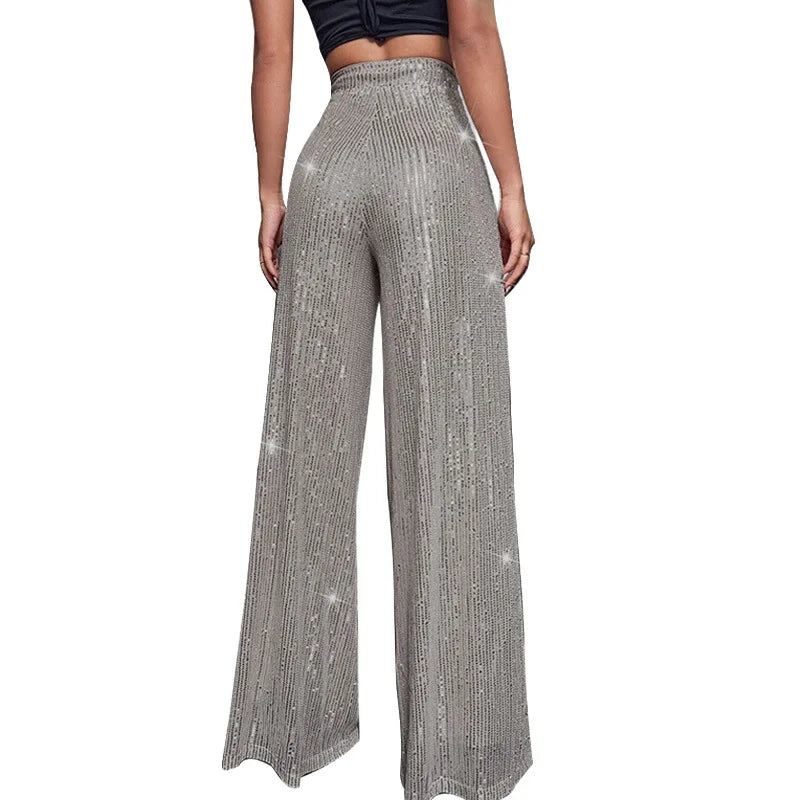 Pantalones acampanados de cintura alta con lentejuelas brillantes para mujer