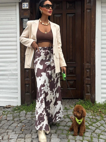 Falda Midi Animal Print Satin Fashion Ruffles
