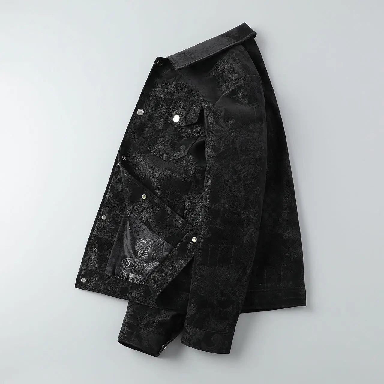 Chaqueta de cuero sintético con solapa para hombre, corta, informal, con estampado