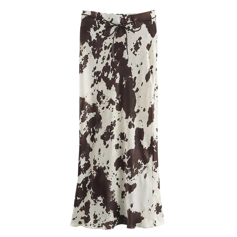 Falda Midi Animal Print Satin Fashion Ruffles