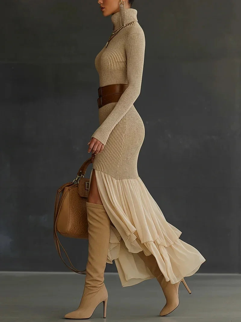 Vestido de cuello alto tejido para mujer con manga larga