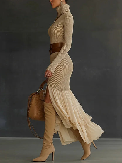 Vestido de cuello alto tejido para mujer con manga larga