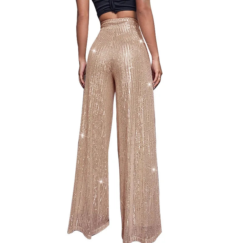 Pantalones acampanados de cintura alta con lentejuelas brillantes para mujer
