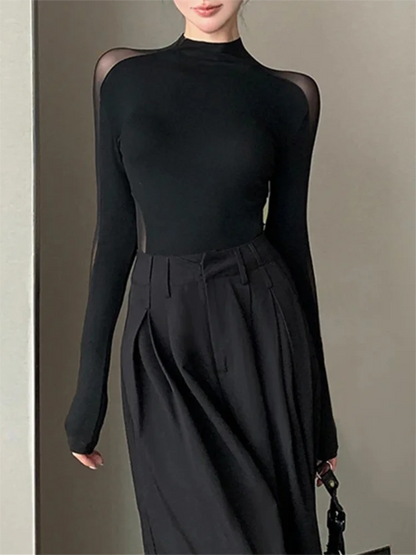 Top negro sexy de malla hueca con parches para mujer
