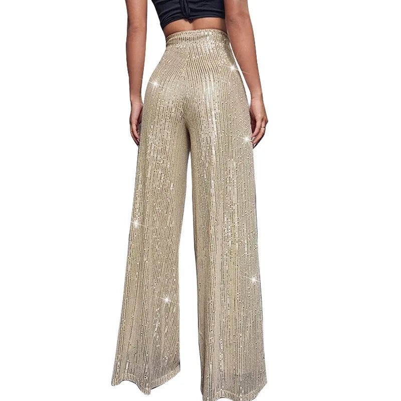 Pantalones acampanados de cintura alta con lentejuelas brillantes para mujer
