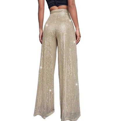 Pantalones acampanados de cintura alta con lentejuelas brillantes para mujer