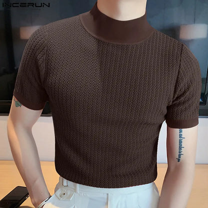 Camiseta ajustada de moda, con textura de punto, cuello alto,