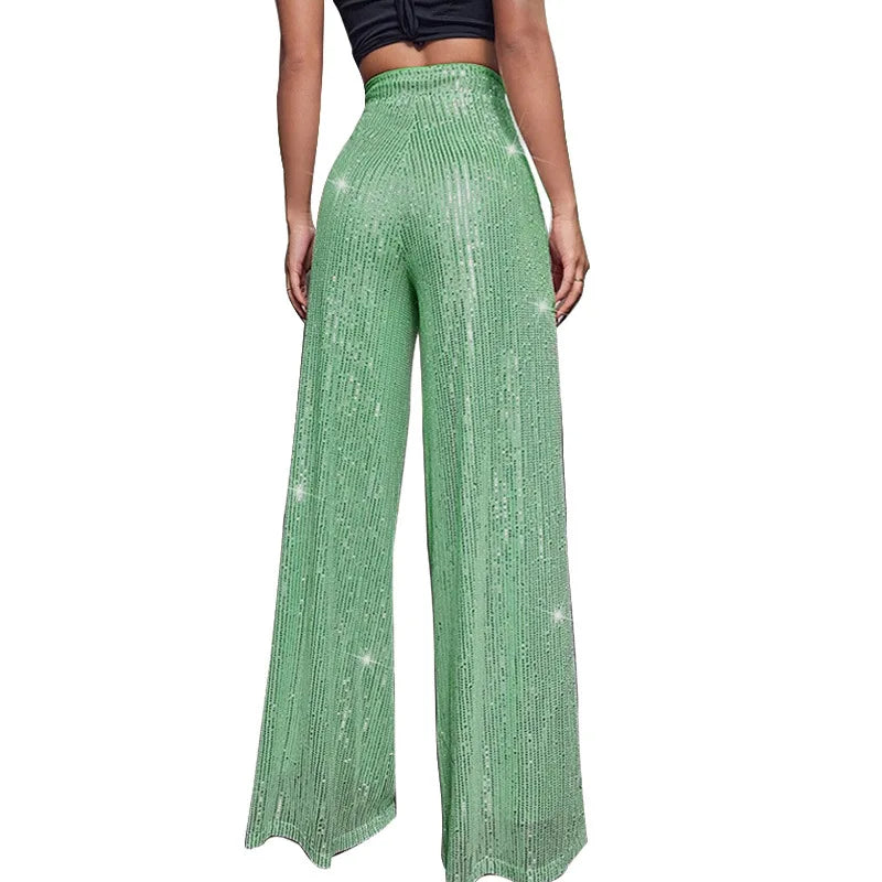 Pantalones acampanados de cintura alta con lentejuelas brillantes para mujer
