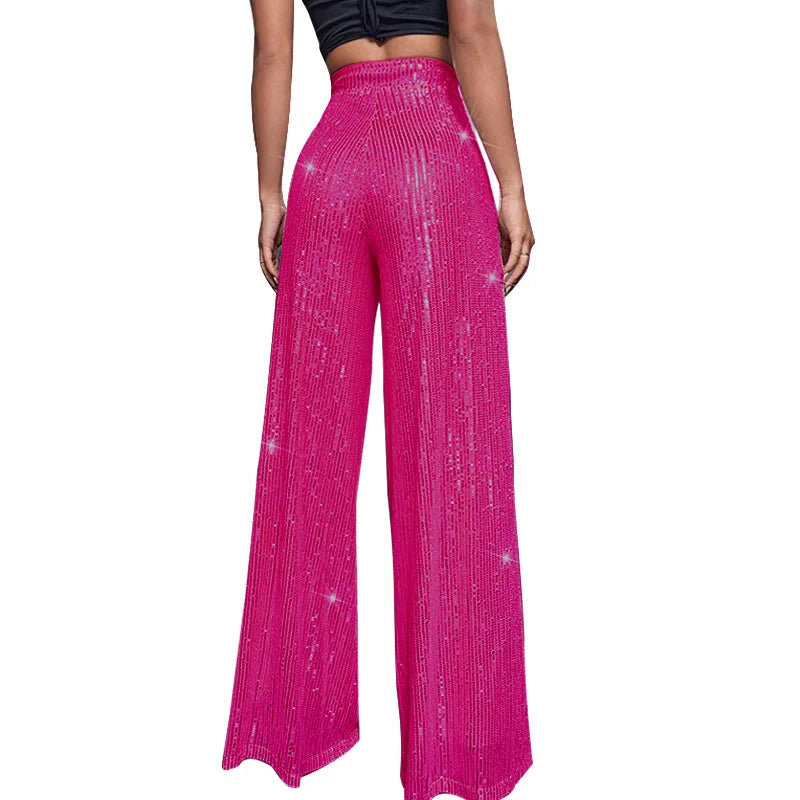 Pantalones acampanados de cintura alta con lentejuelas brillantes para mujer