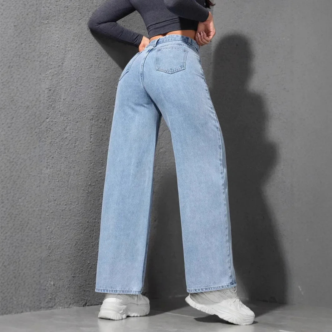 Pantalones vaqueros para muje de mezclilla de pierna ancha, de cintura alta