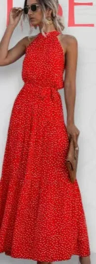 Vestido cuello halter, sin mangas, estampado de lunares, con cordones