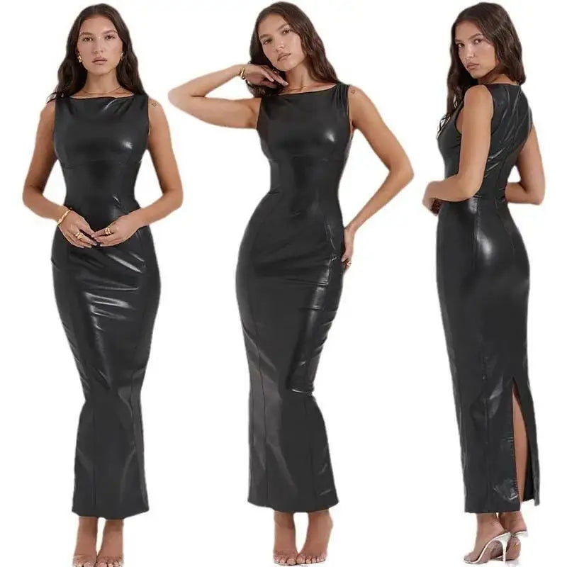 Vestido de cuero PU, Vestido largo