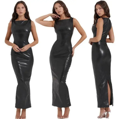 Vestido de cuero PU, Vestido largo