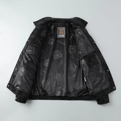 Chaqueta de cuero sintético con solapa para hombre, corta, informal, con estampado