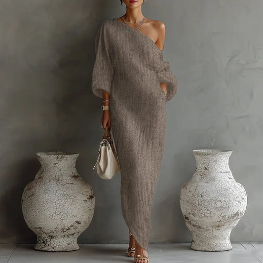 Vestido maxi sexy de manga larga con un solo hombro