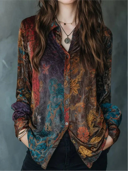 Camisa informal de manga larga con botones y estampado floral retro para mujer