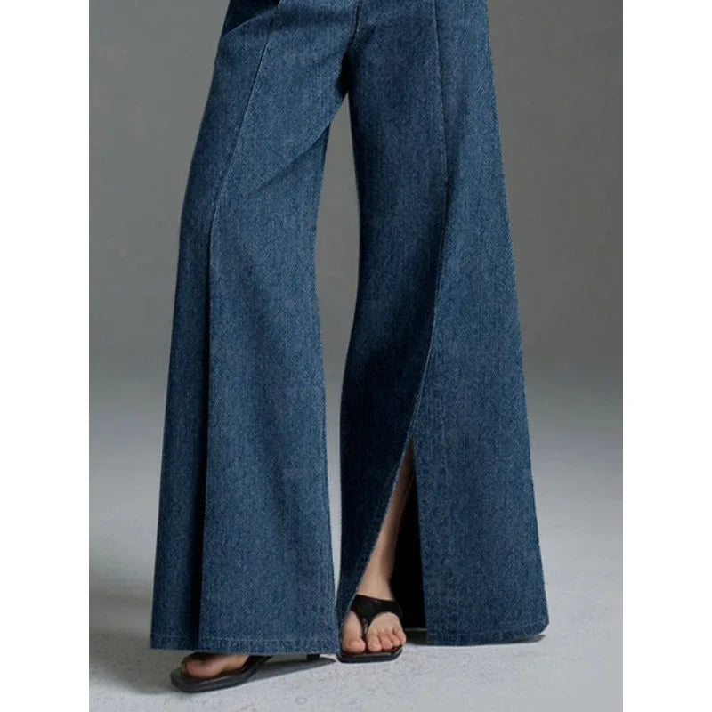 Pantalón vaquero retro para mujer, recto, con abertura, cintura alta