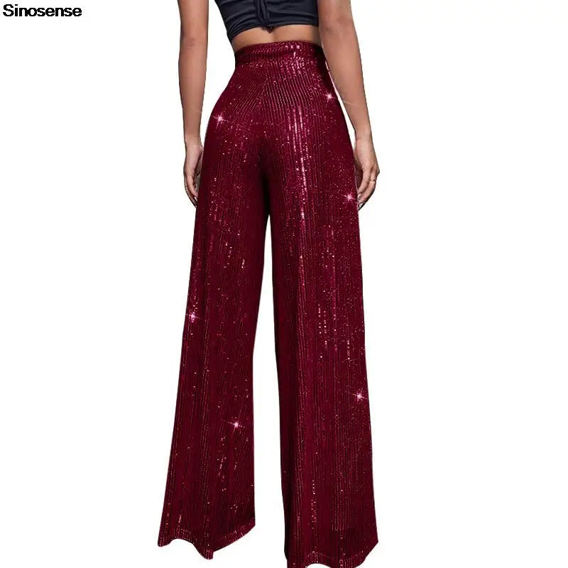 Pantalones acampanados de cintura alta con lentejuelas brillantes para mujer